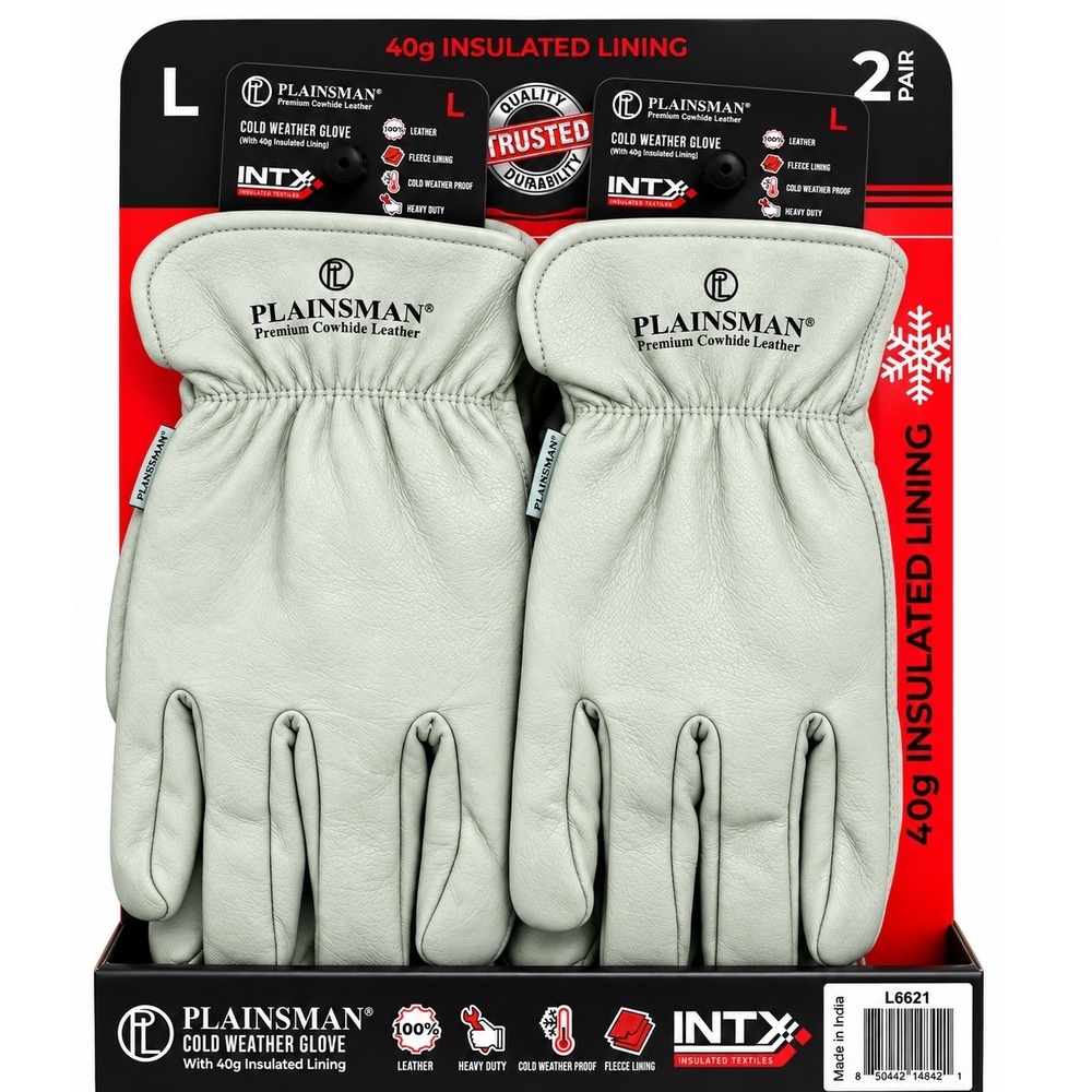 Plainsman Premium Cowhide Leather Cold Weather Gloves 2 Pair Large 40g insulted